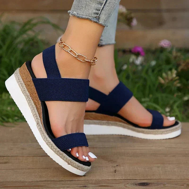 Elastic Strap Platform Sandals – Woven Upper – Ankle Chain Detail