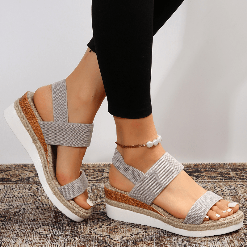 Elastic Strap Platform Sandals – Woven Upper – Ankle Chain Detail