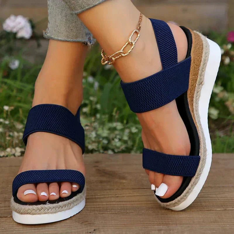 Elastic Strap Platform Sandals – Woven Upper – Ankle Chain Detail