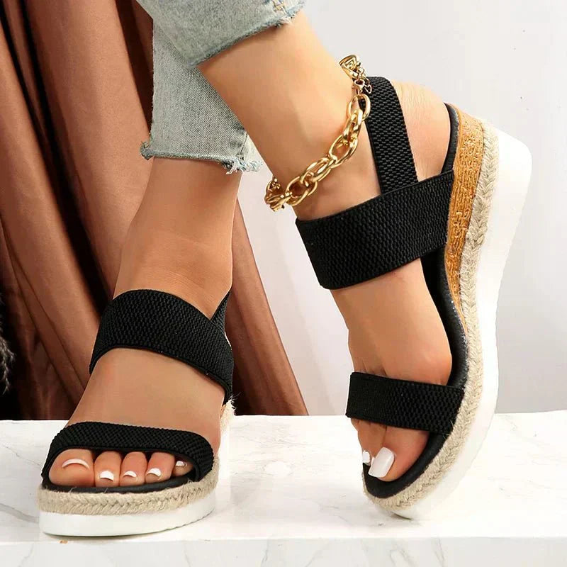 Elastic Strap Platform Sandals – Woven Upper – Ankle Chain Detail