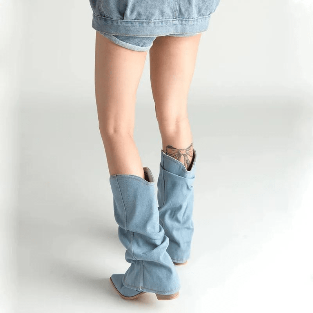 Denim Western Block Heel Ankle Boots