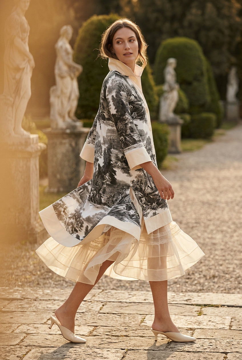 Women's Vintage Toile Print Mini Tunic Dress