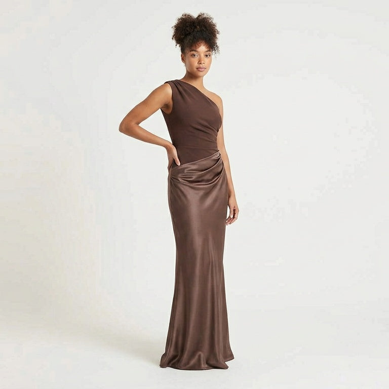 Pleated One Shoulder Floor Length Maxi Dress