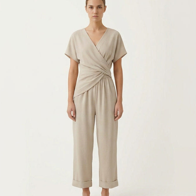 Wrap Front Top and Cropped Trouser Two Piece Set