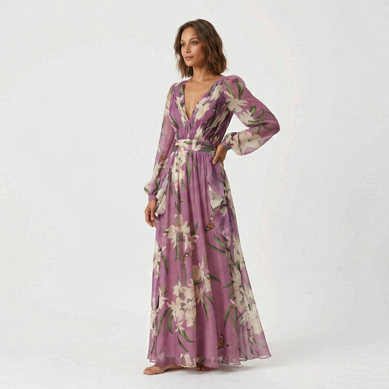 Floral V-Neck Long Sleeve Maxi Dress