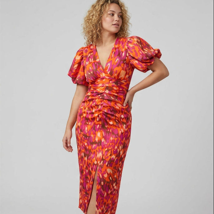 Puff Sleeve Wrap Front Evening Dress