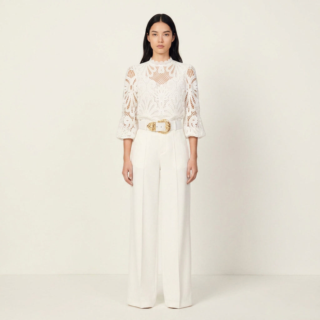 Lace Blouse and Wide Leg Trouser Two Piece Suit