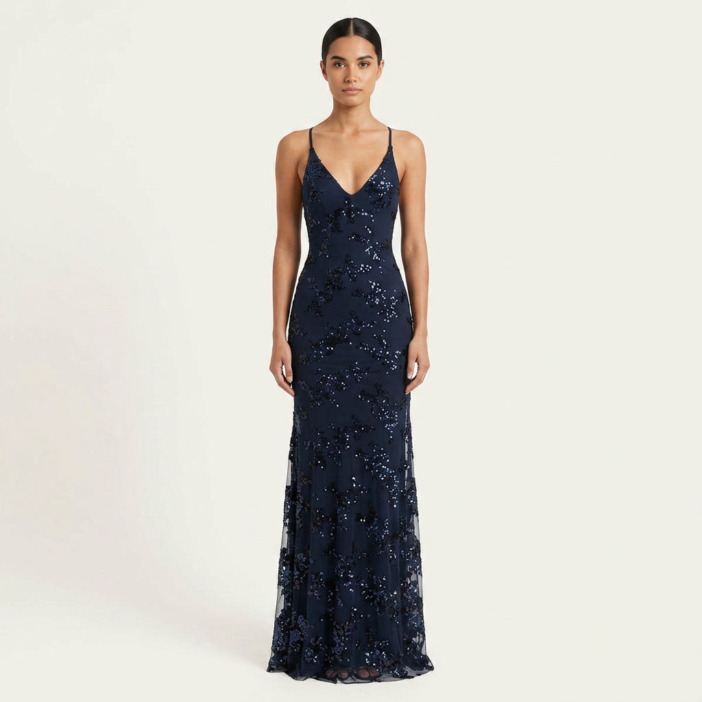 Sequin Embroidered Backless Maxi Evening Dress