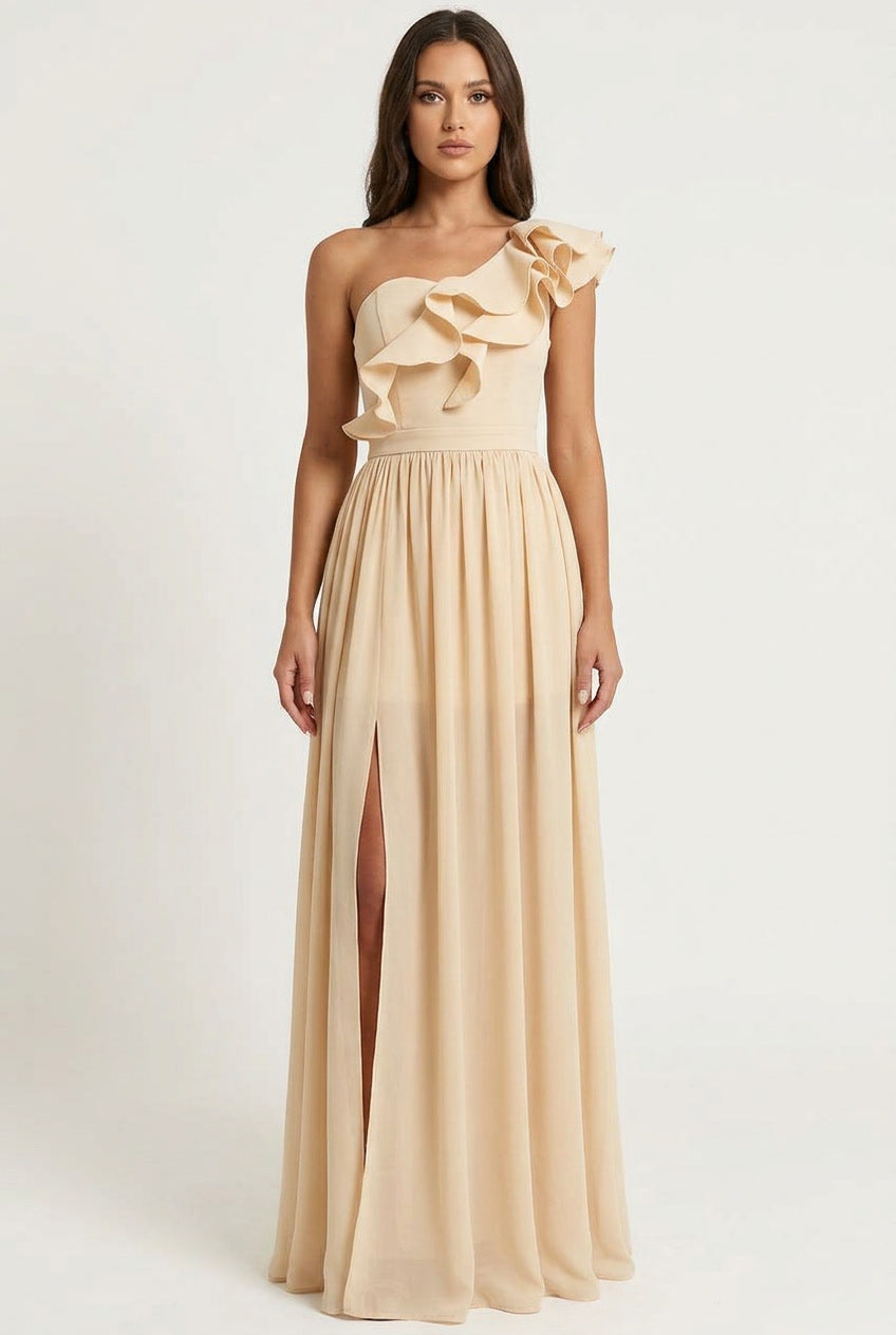 Maxi Evening Dress With One-Shoulder Ruffle and High Slit