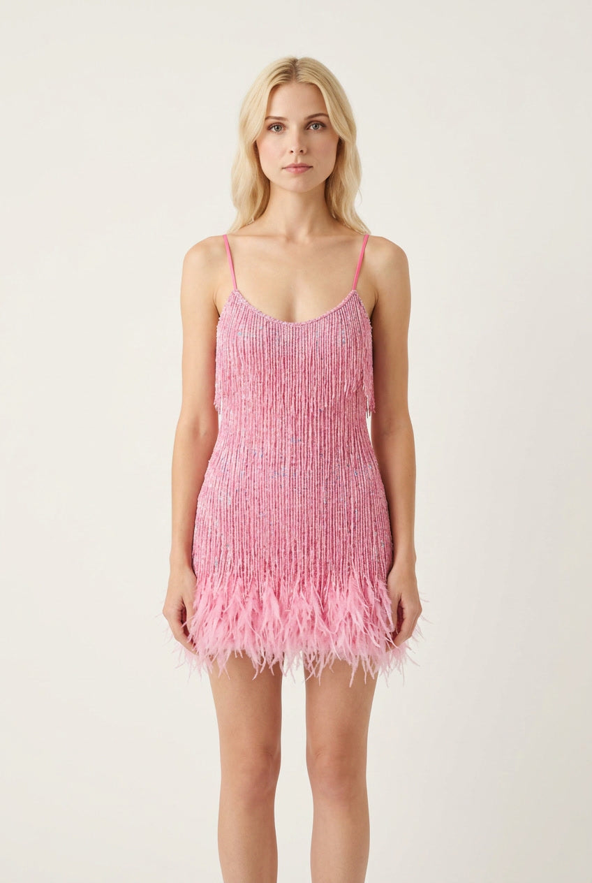 Sequin Cocktail Dress With Feather Hem and Spaghetti Straps