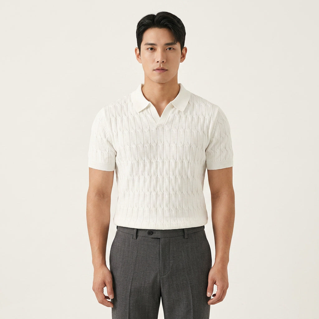 Men's Textured Striped V-Neck Polo