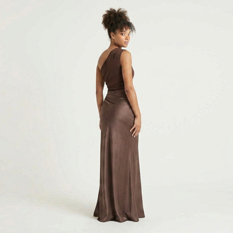 Pleated One Shoulder Floor Length Maxi Dress