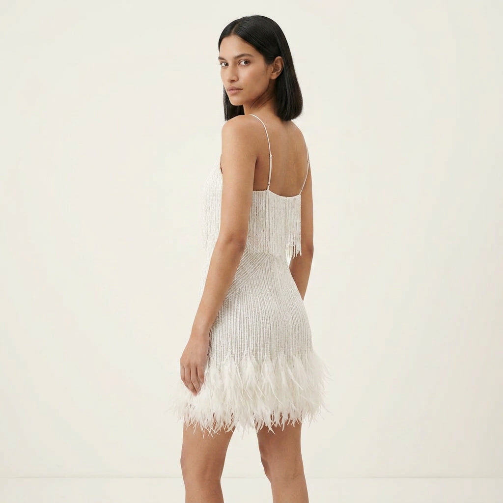 Sequin Party Dress With Feather Hem