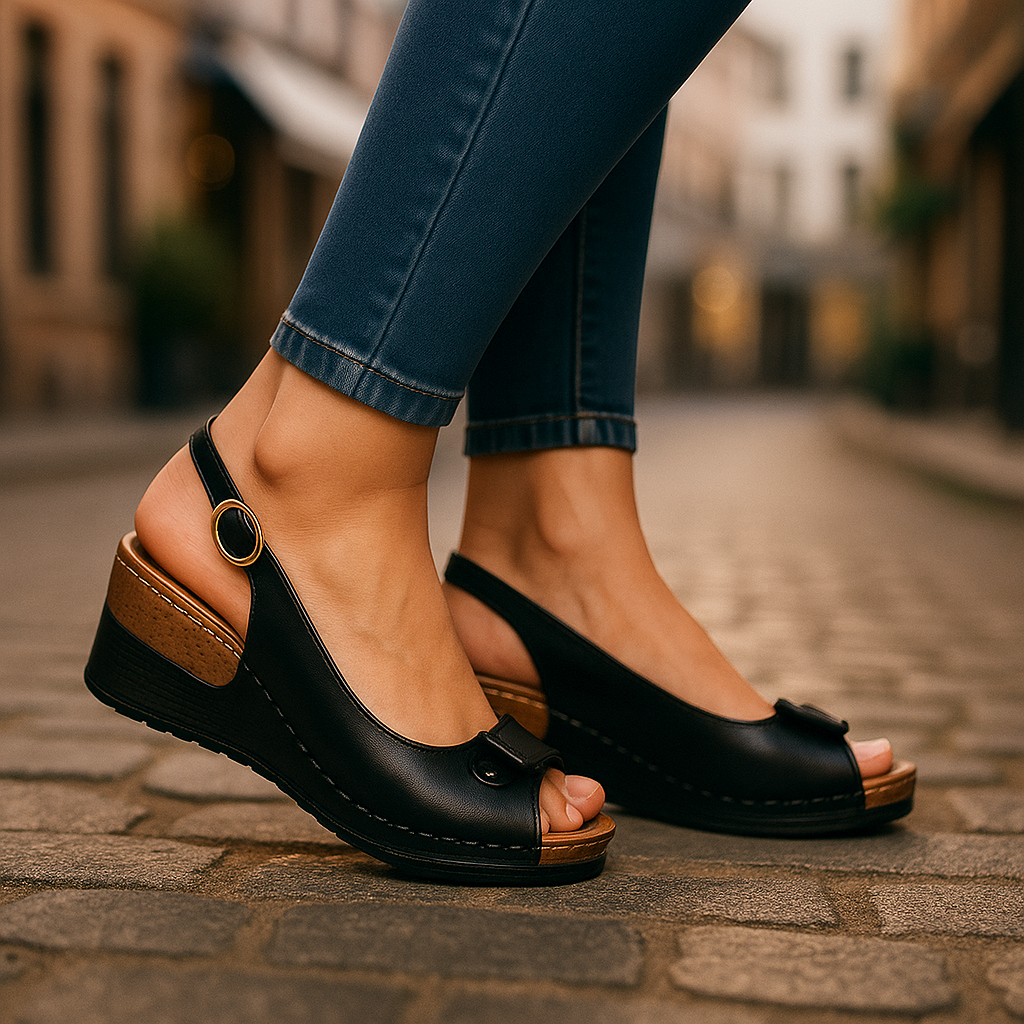 Low Wedge Peep Toe Slingback Sandals