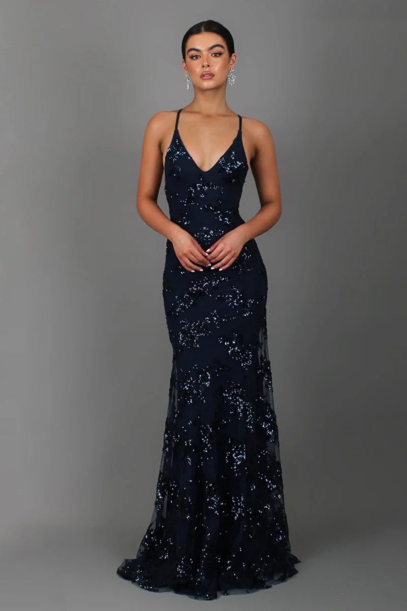 Sequin Embroidered Backless Maxi Evening Dress