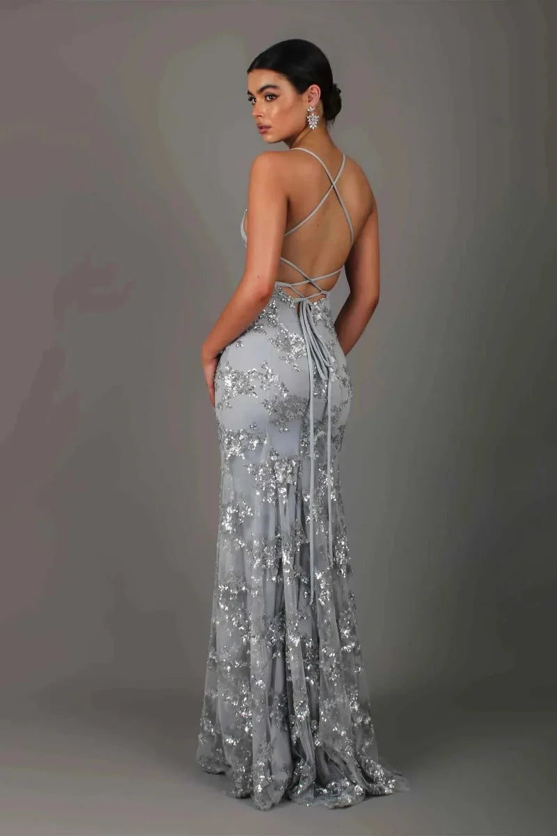 Sequin Embroidered Backless Maxi Evening Dress