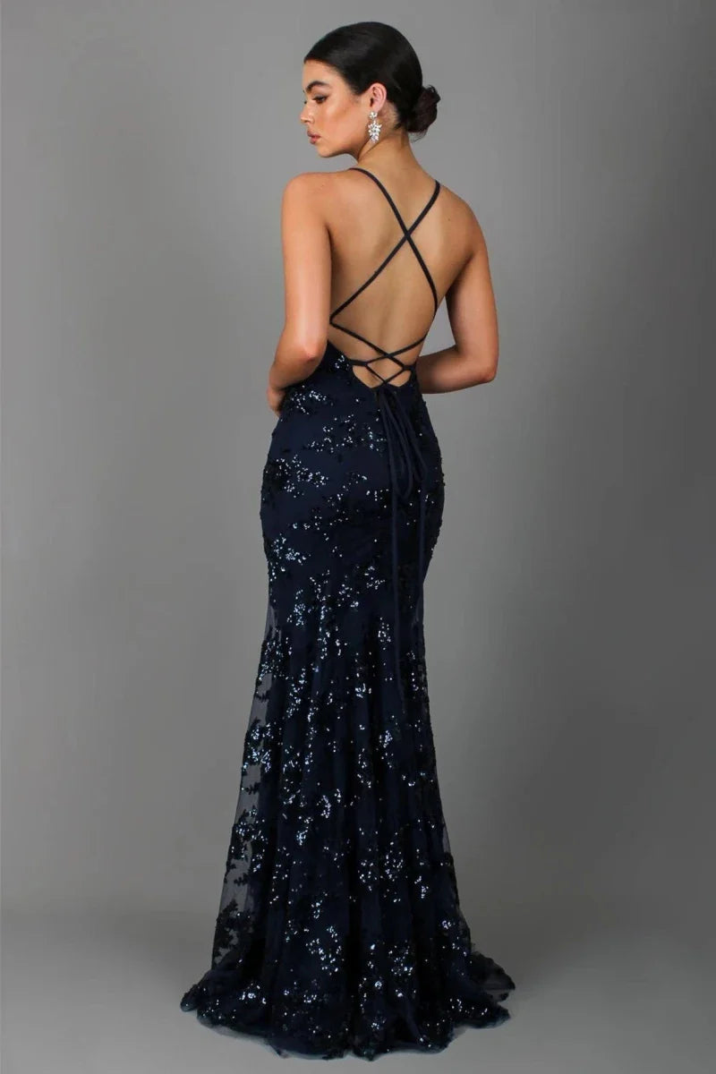 Sequin Embroidered Backless Maxi Evening Dress