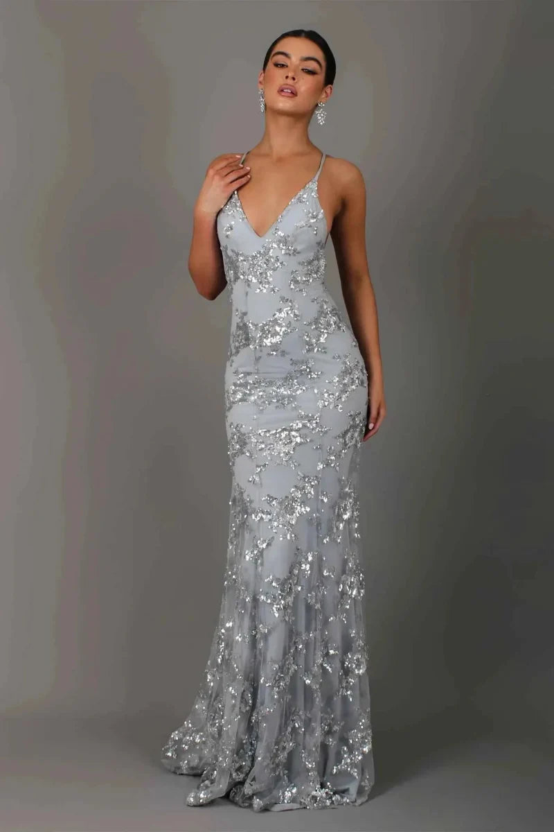 Sequin Embroidered Backless Maxi Evening Dress