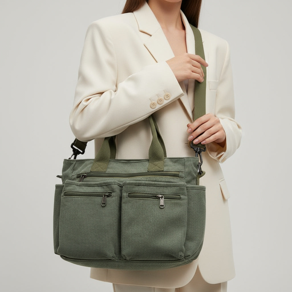 Structured Corduroy Zip Tote Bag