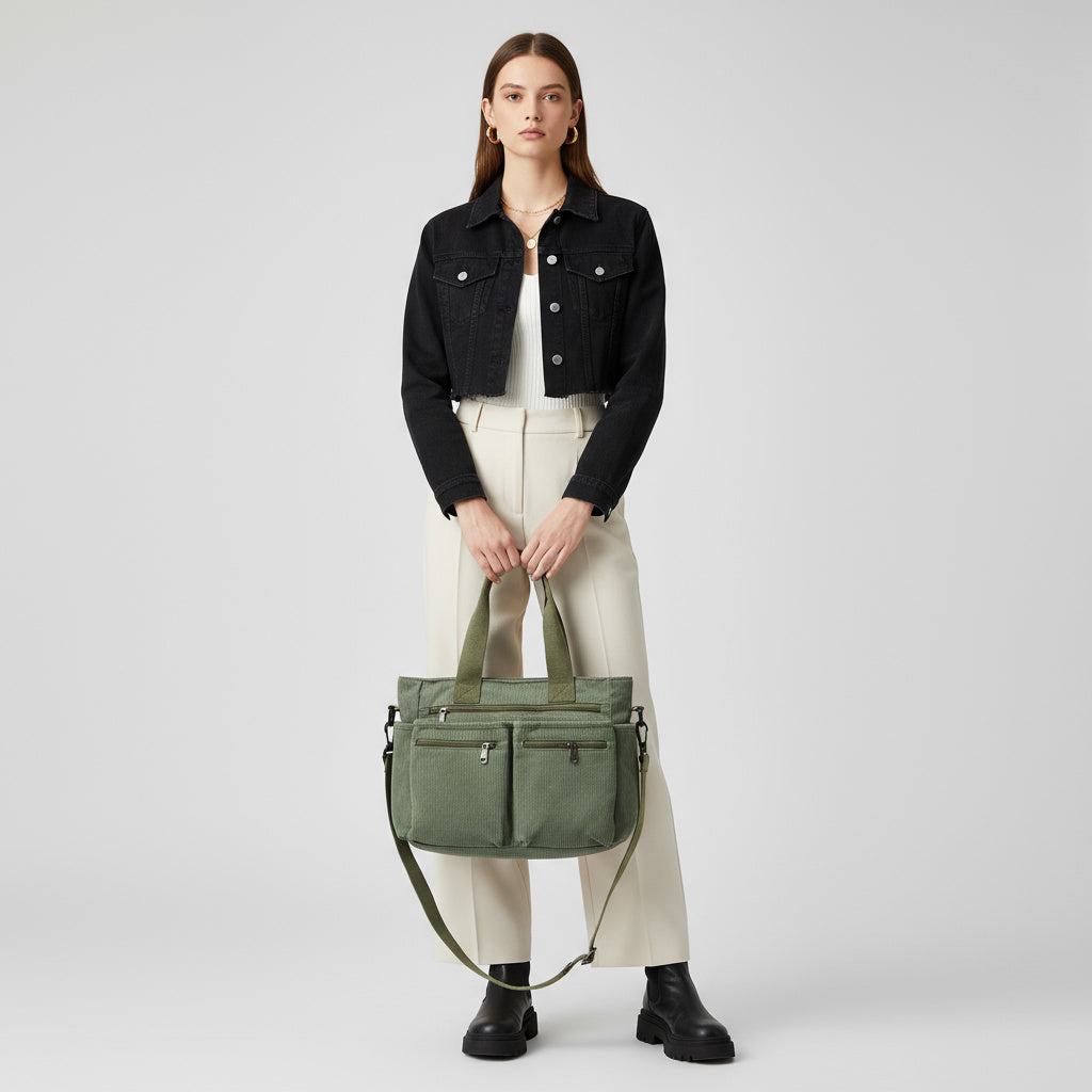 Structured Corduroy Zip Tote Bag