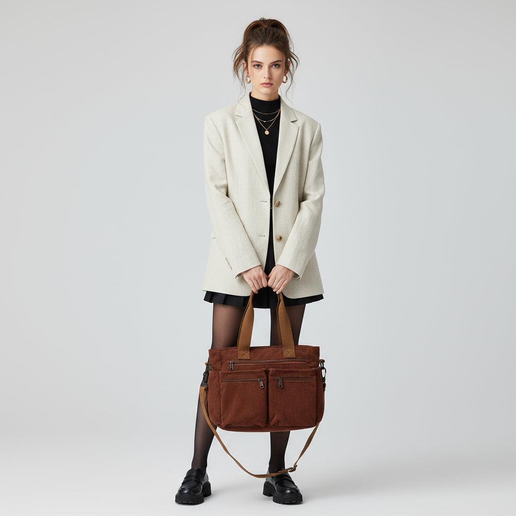 Structured Corduroy Zip Tote Bag