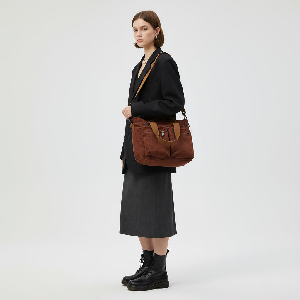 Structured Corduroy Zip Tote Bag