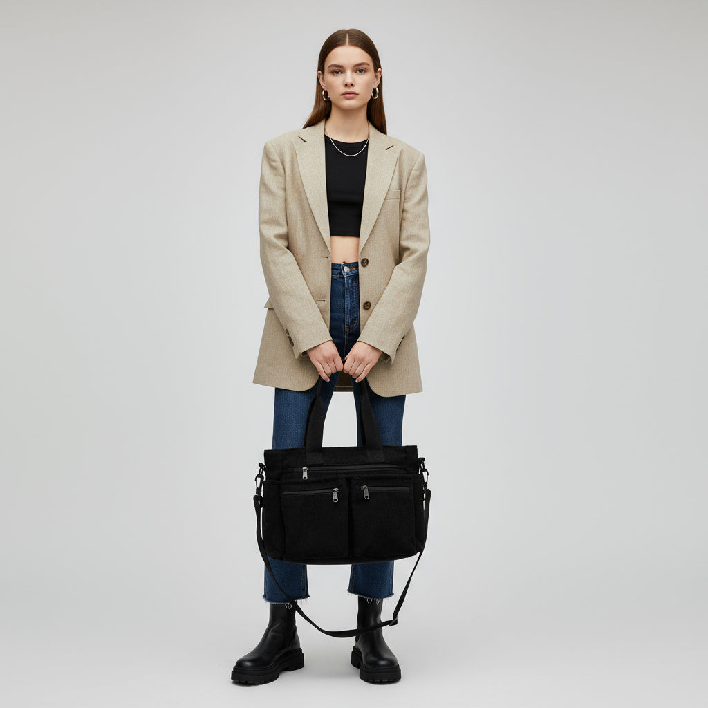 Structured Corduroy Zip Tote Bag