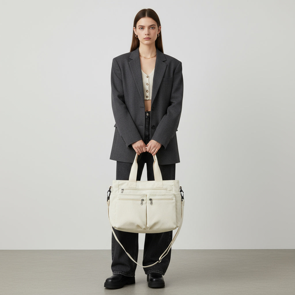 Structured Corduroy Zip Tote Bag