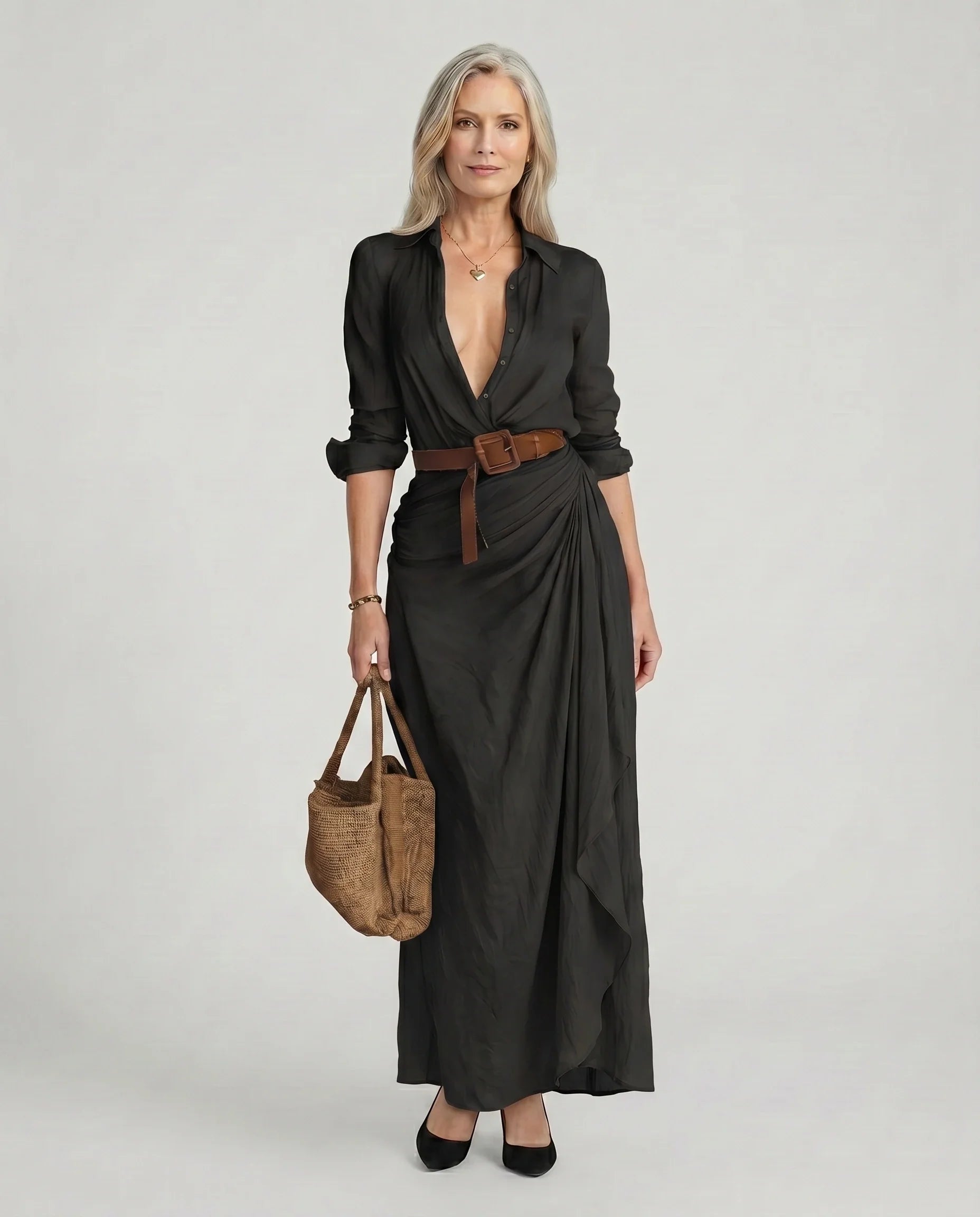 Belted Lapel Long Sleeve Maxi Shirt Dress