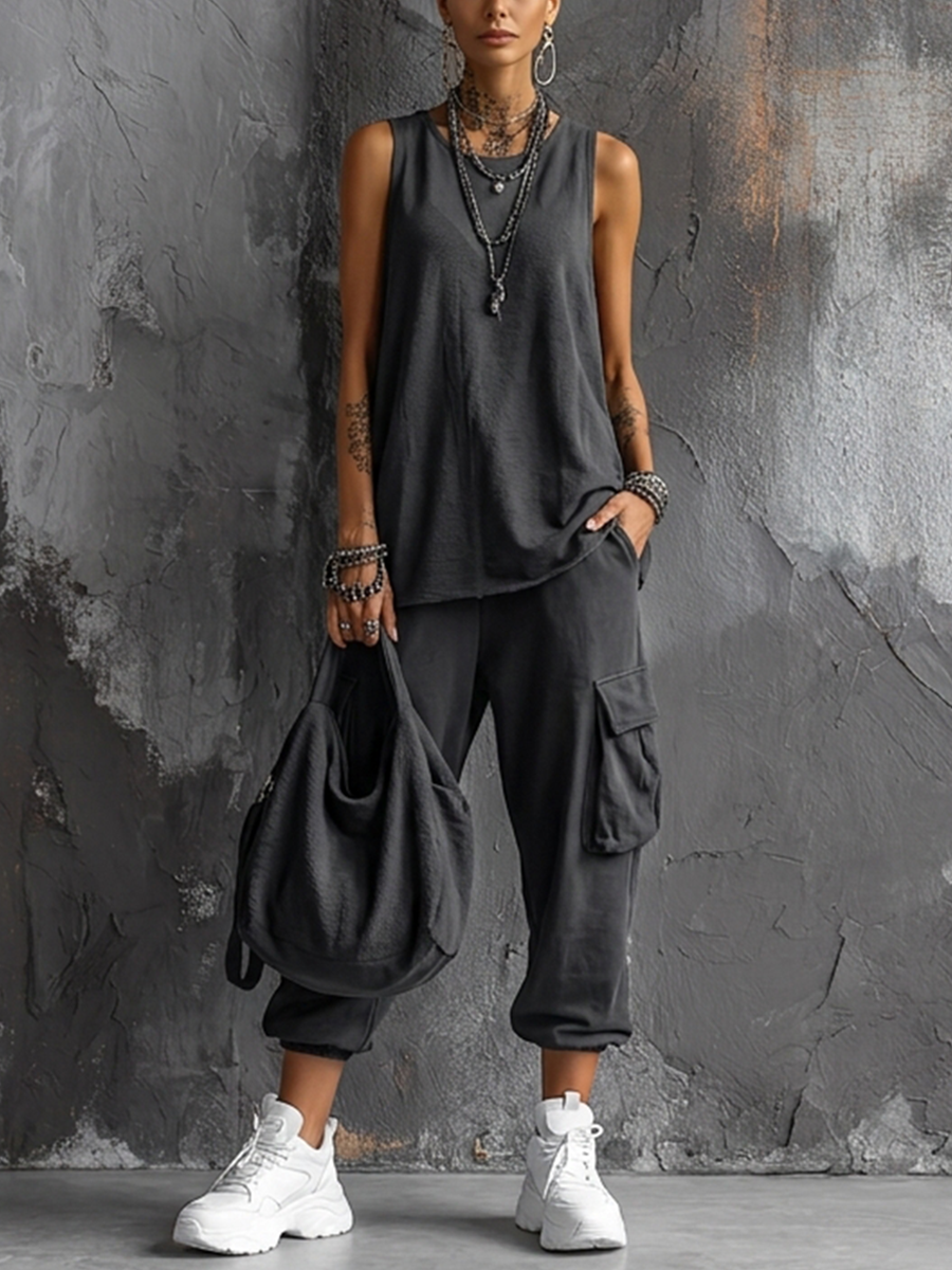 Sleeveless V-Neck Set with Utility Pocket Pants