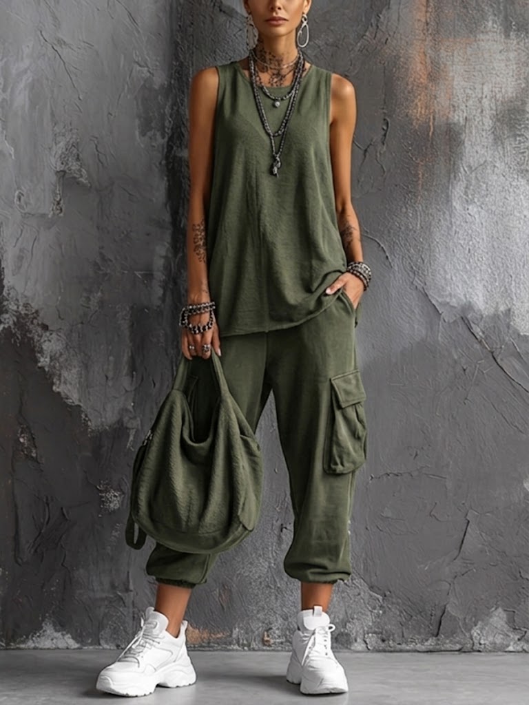 Sleeveless V-Neck Set with Utility Pocket Pants