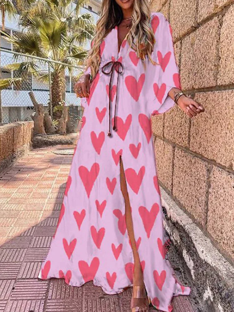 V-Neck Kimono Sleeve High Slit Maxi Dress