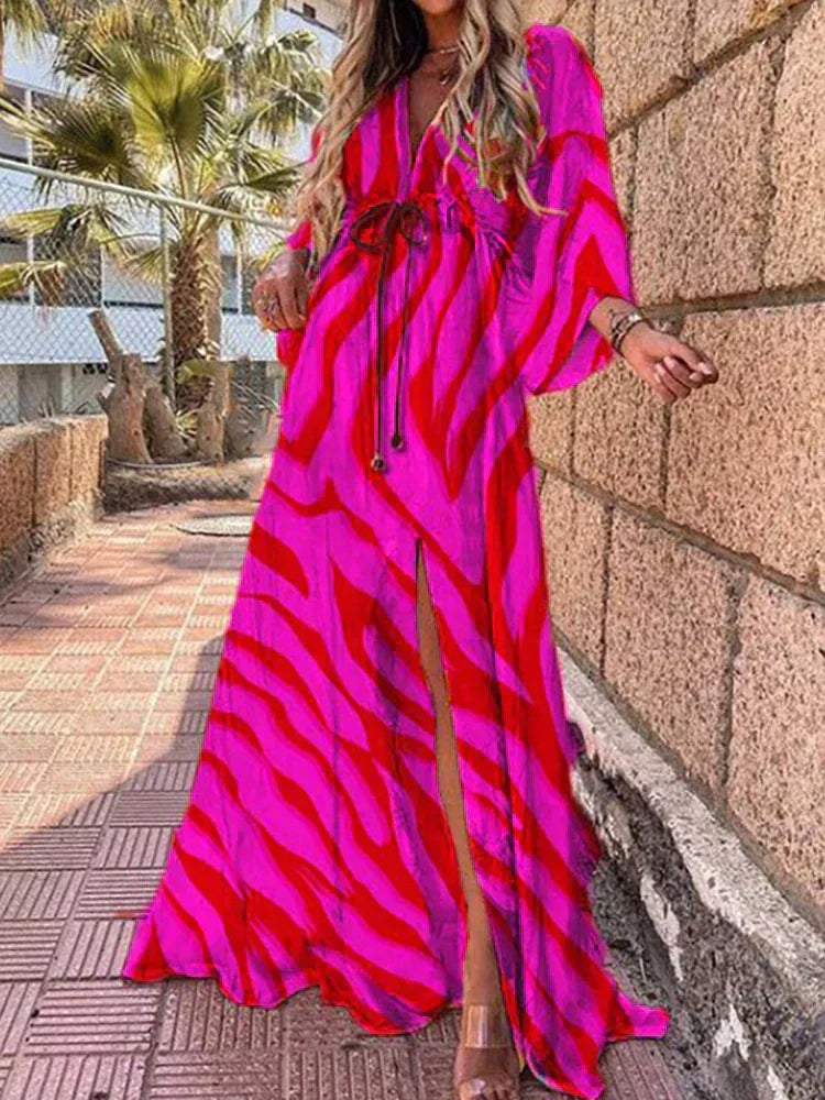 V-Neck Kimono Sleeve High Slit Maxi Dress