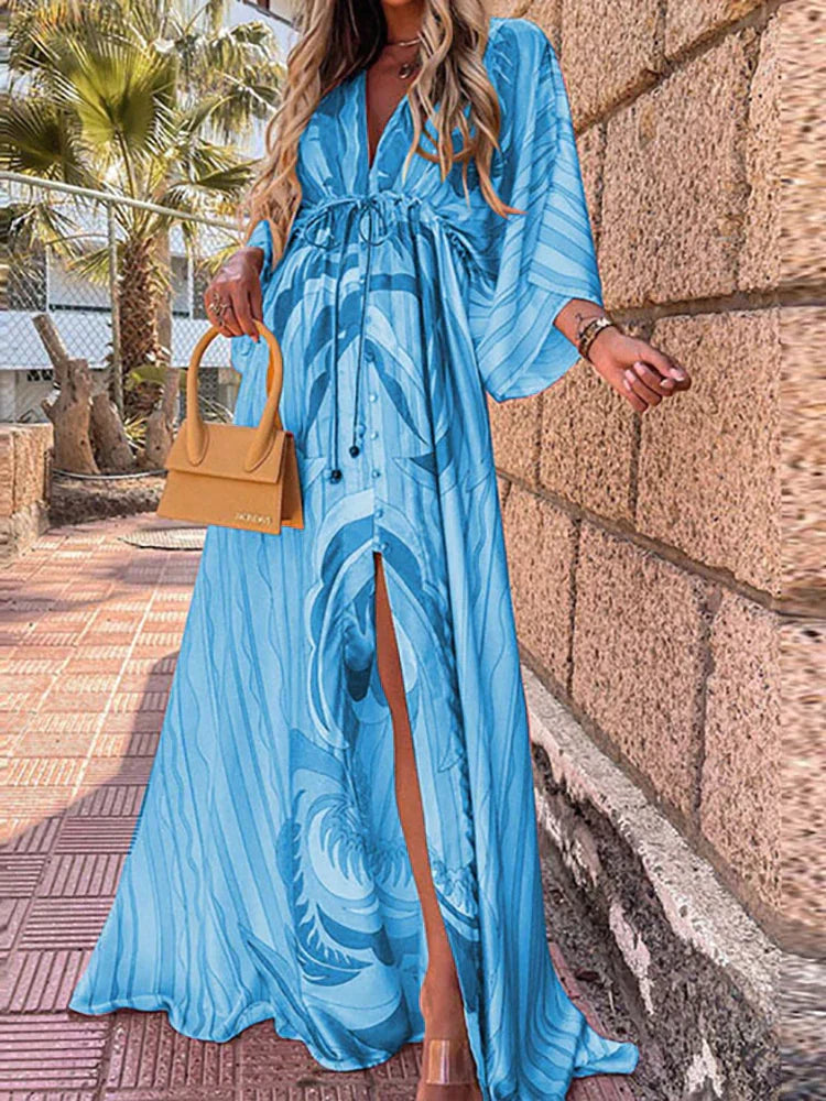 V-Neck Kimono Sleeve High Slit Maxi Dress