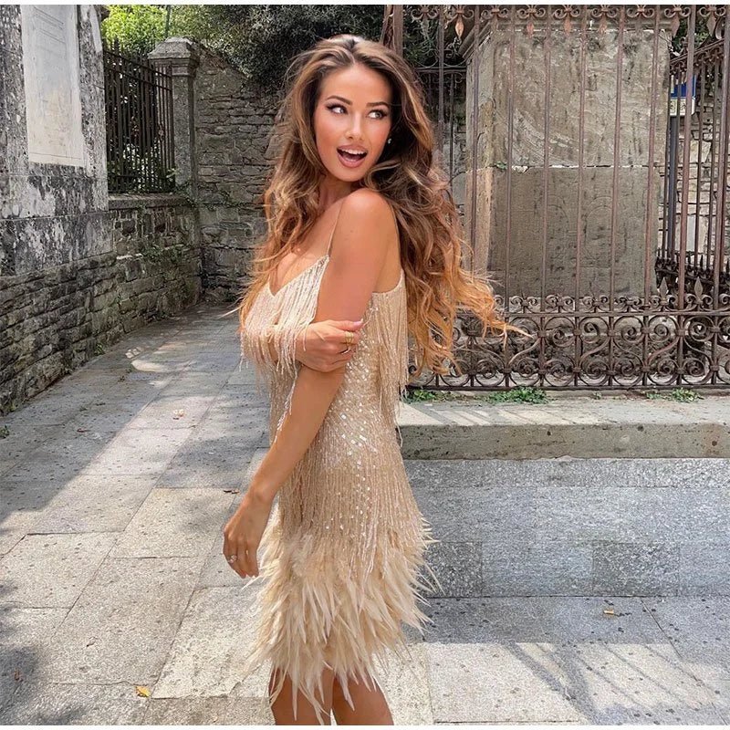 Sequin Party Dress With Feather Hem
