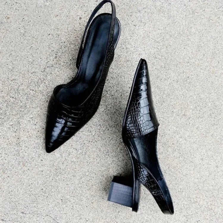 Croco Slingback Kitten Heels – Pointed Toe – Block Heel – 3 Inch