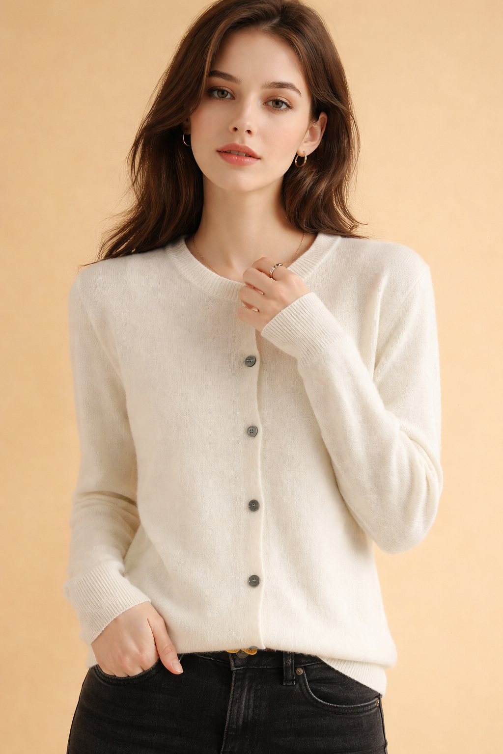 Button-Front Round Neck Knit Cardigan
