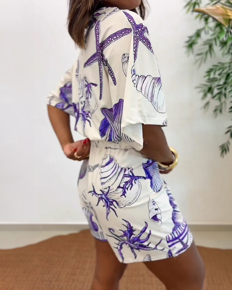 V-Neck Batwing Sleeve Wrap Knot Vacation Romper