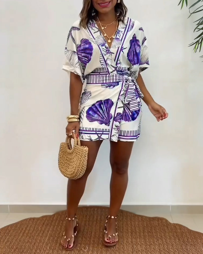 V-Neck Batwing Sleeve Wrap Knot Vacation Romper