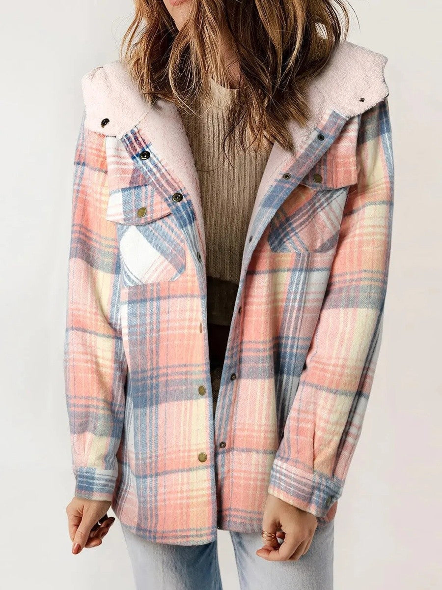 Sherpa Trim Hooded Plaid Jacket