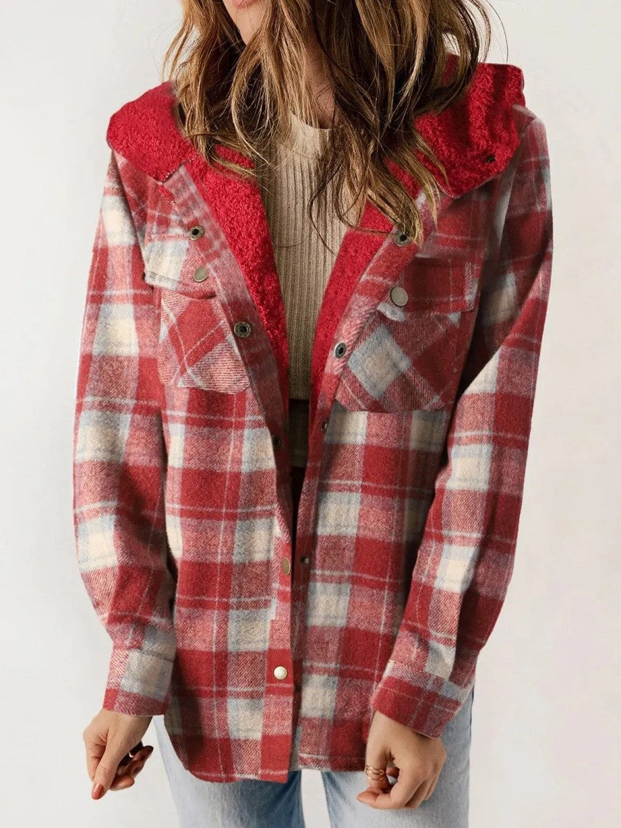 Sherpa Trim Hooded Plaid Jacket
