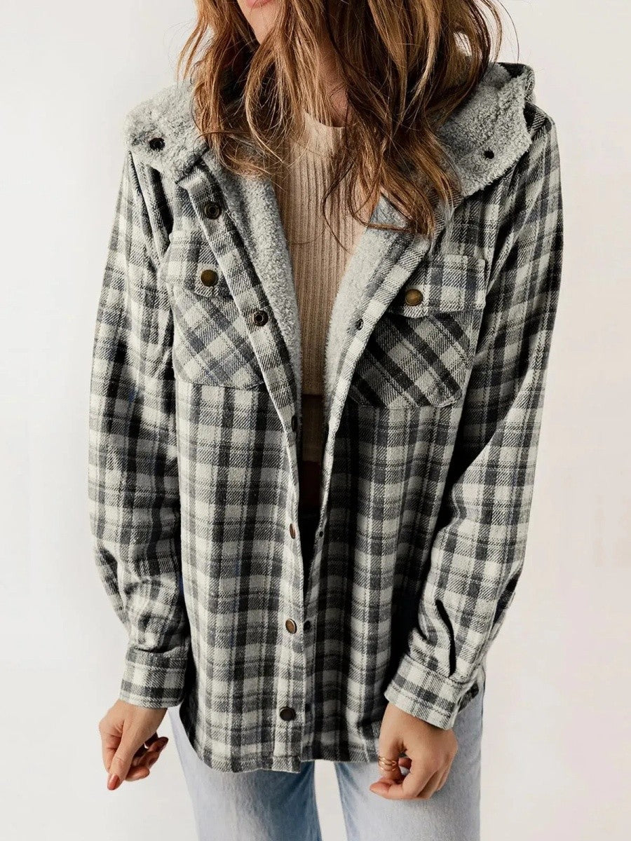 Sherpa Trim Hooded Plaid Jacket