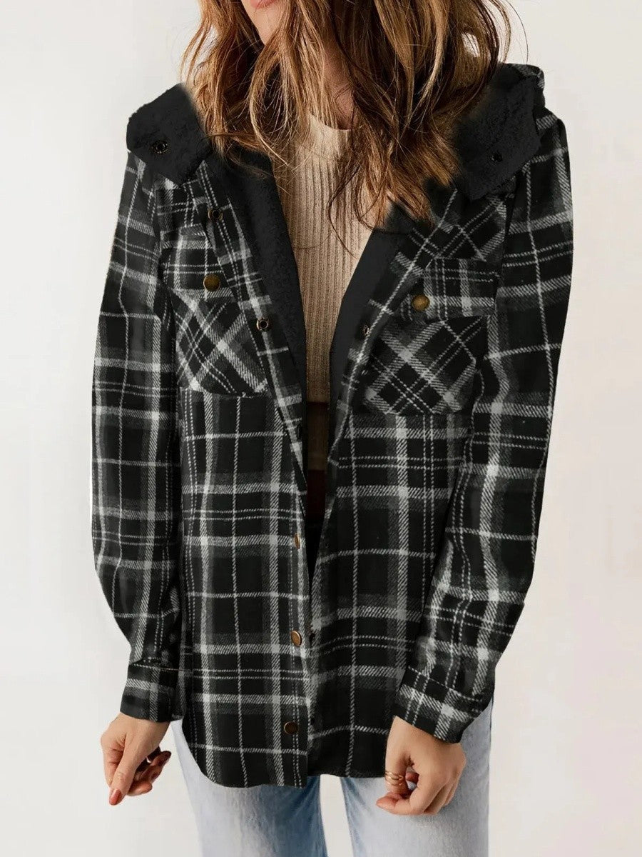 Sherpa Trim Hooded Plaid Jacket