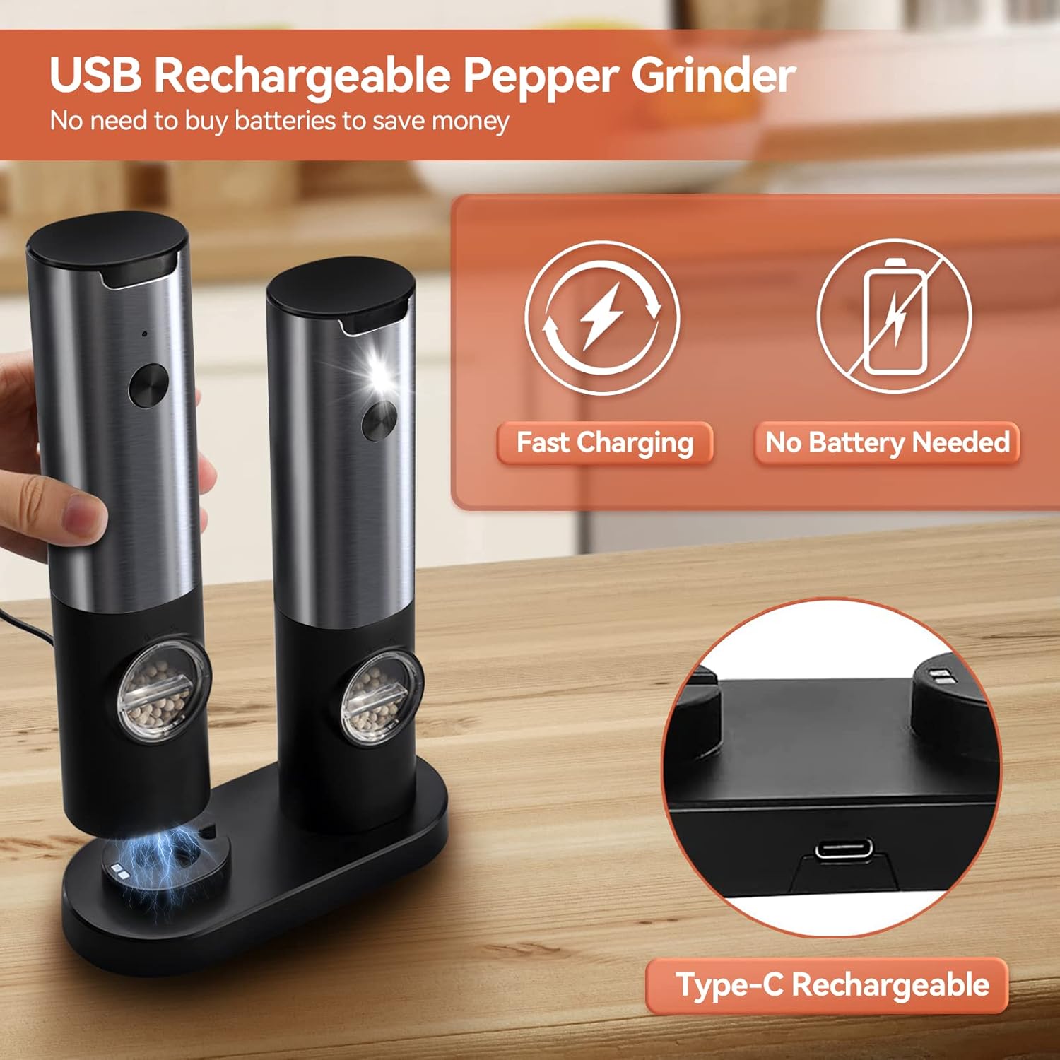 Rechargeable LED Salt and Pepper Grinder Set