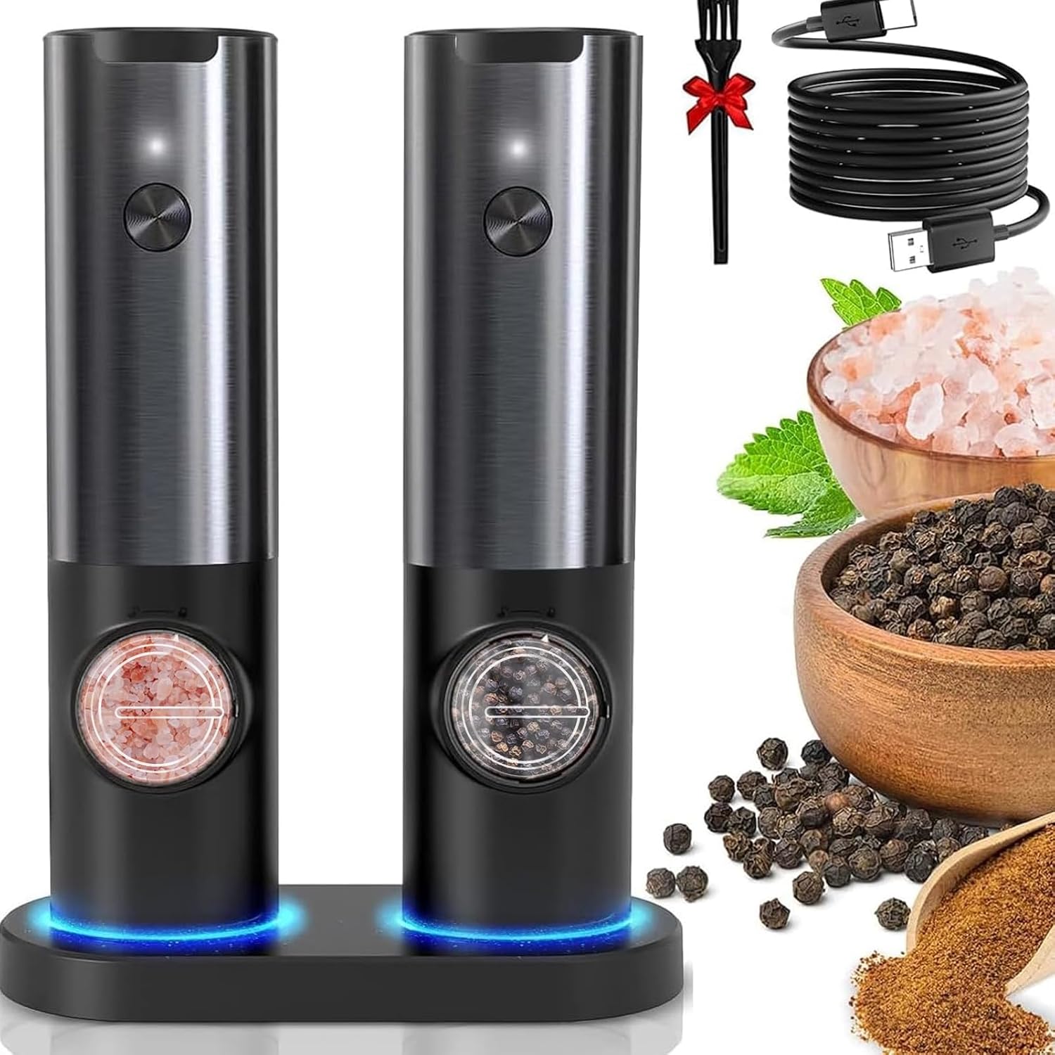 Rechargeable LED Salt and Pepper Grinder Set
