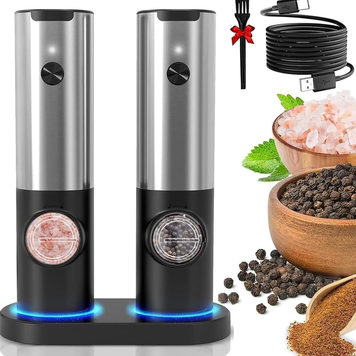 Rechargeable LED Salt and Pepper Grinder Set