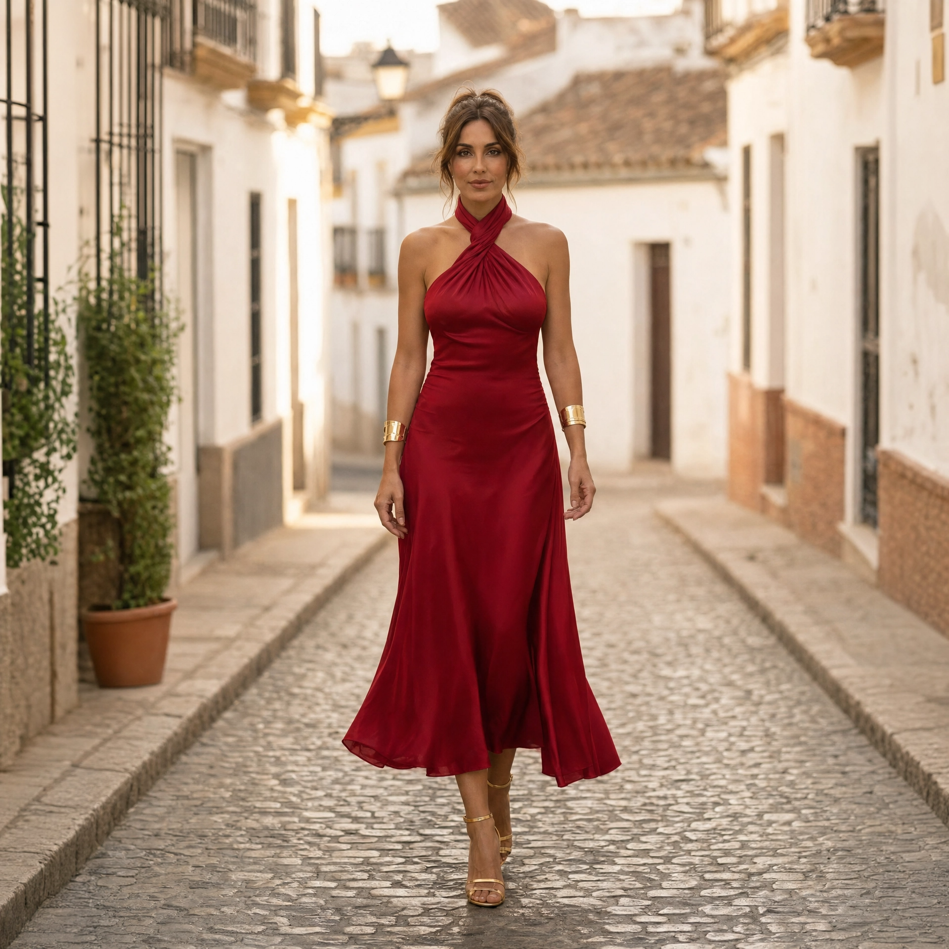 Halter Neck Fitted Midi Dress with Sleek Silhouette