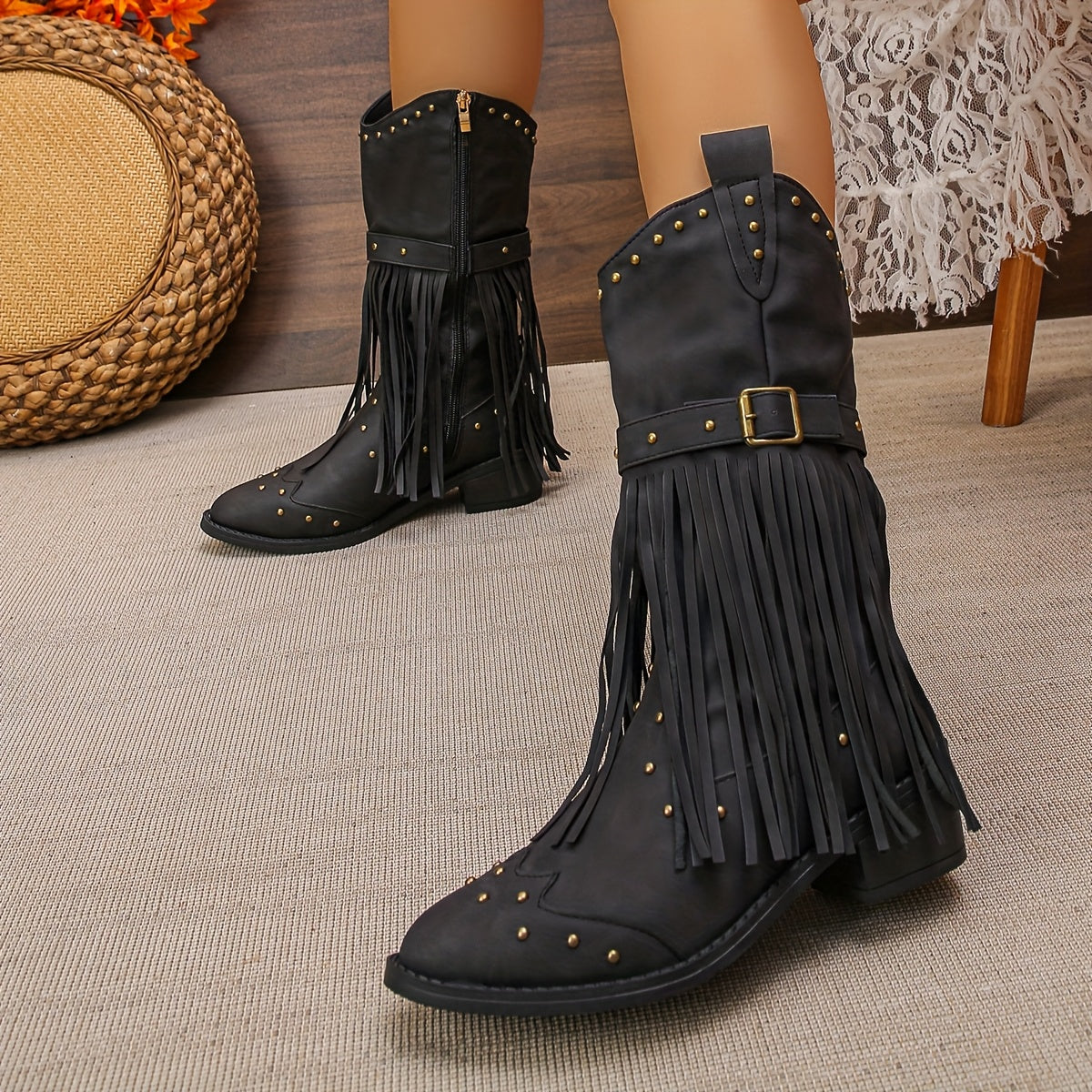 Studded Tassel Western Boots