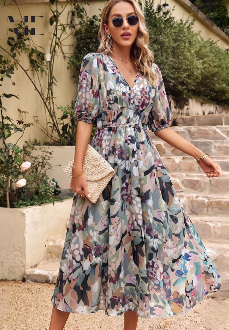 Floral Puff Sleeve Midi Dress