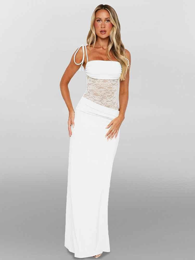 Lace Corset Maxi Dress With Tie Straps